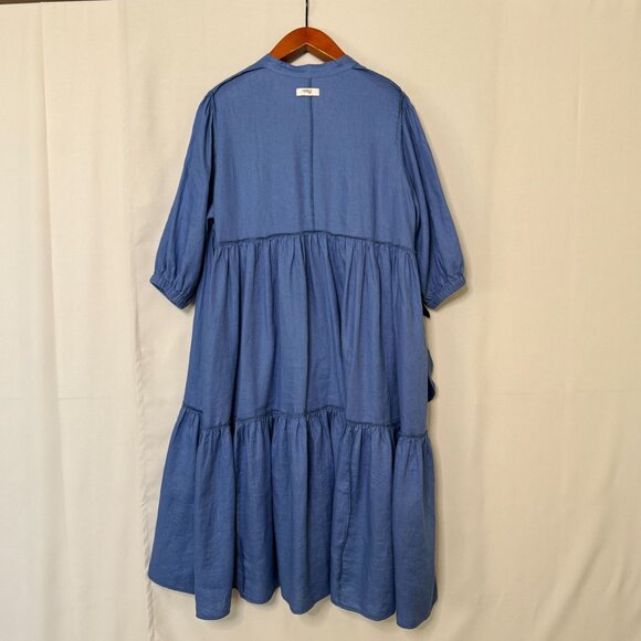 Visible Art Blue 100% Linen Ballon 3/4 Sleeves Empire Waist Midi Dress Size XL - Picture 9 of 12